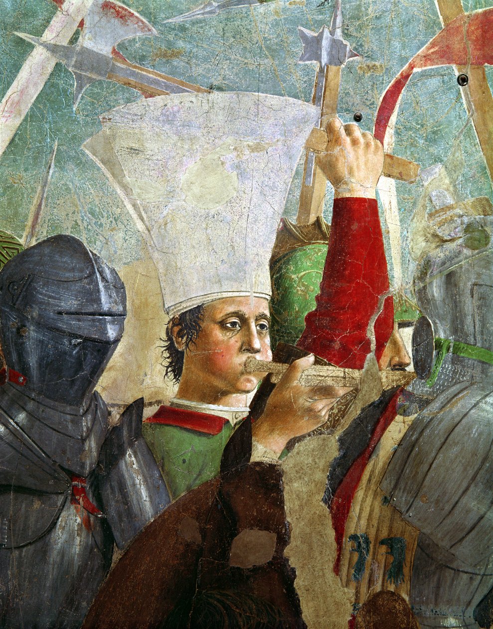 Trumpetisti, yksityiskohta Heracliusin ja Chosroesin taistelusta Legend of the True Cross -syklistä, valmistunut 1464 tekijältä Piero della Francesca