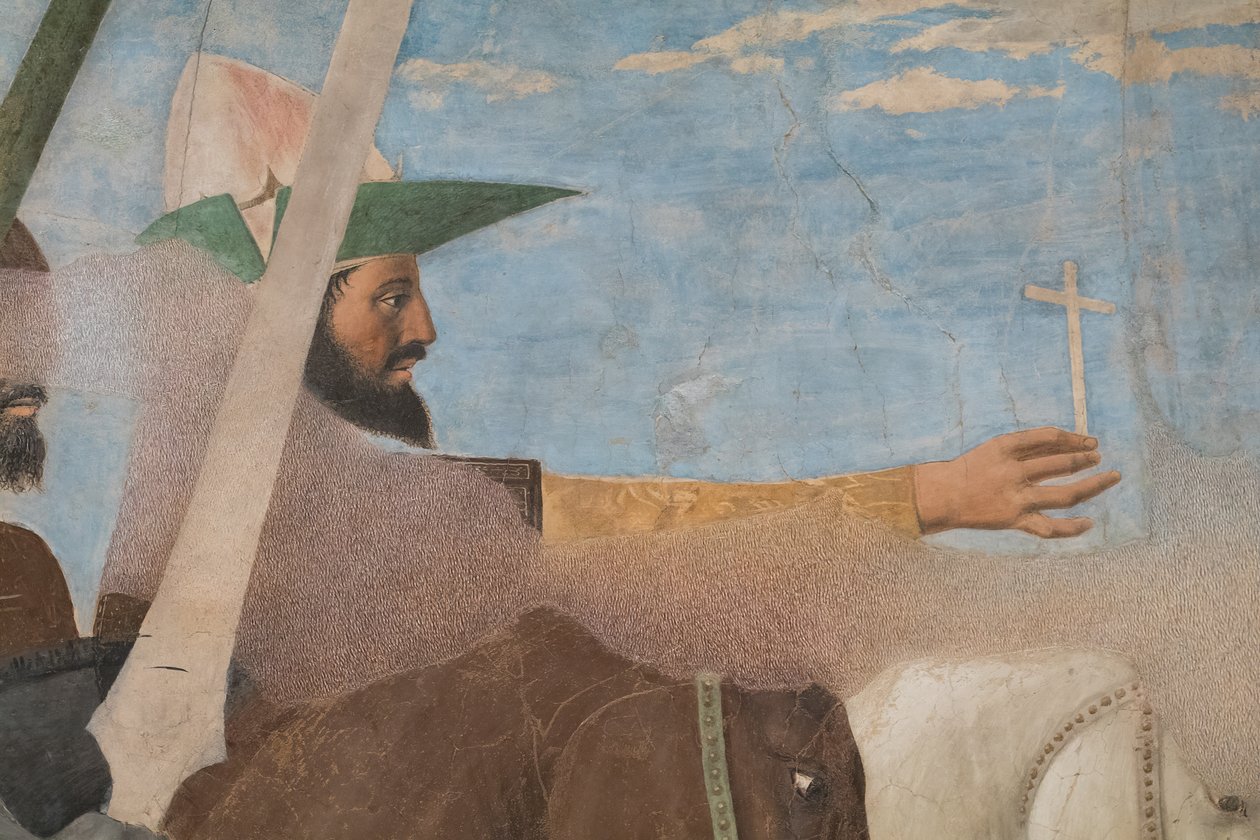 Konstantinuksen voitto Maxentiuksesta, yksityiskohta, jossa on voitokas Konstantinus. tekijältä Piero della Francesca
