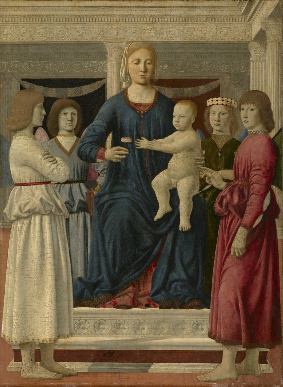 Neitsyt ja lapsi istui neljän enkelin kanssa, n. 1460-1470 tekijältä Piero della Francesca