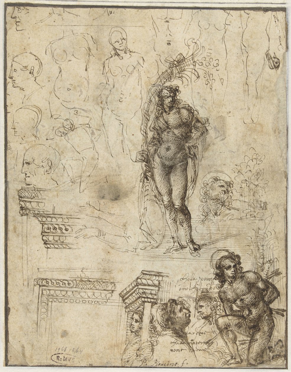 Tutkimusarkki, jossa on päitä, hahmoja ja arkkitehtonisia fragmentteja Opintopaperi päitä, hahmoja ja arkkitehtonisia fragmentteja tekijältä Piero di Cosimo (attributed to)