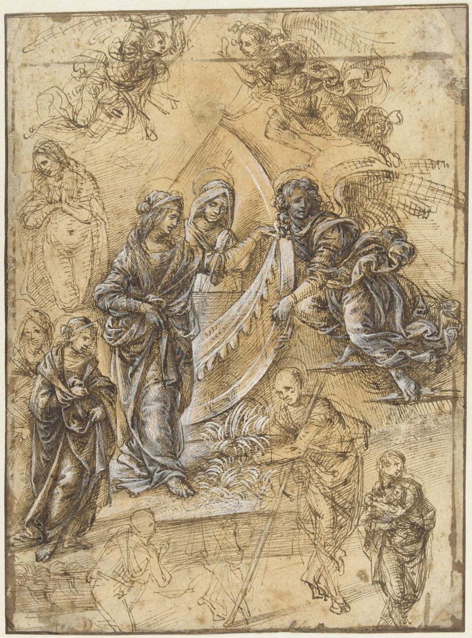 Opintolehti Neitsyt Marian, pyhien, enkelien ja hahmojen kanssa tietäjien palvonnasta tekijältä Piero di Cosimo (attributed to)