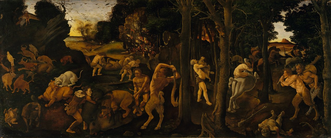 Metsästyskohtaus, n. 1494-1500 (tempera ja öljy siirretty Masoniitille) tekijältä Piero di Cosimo
