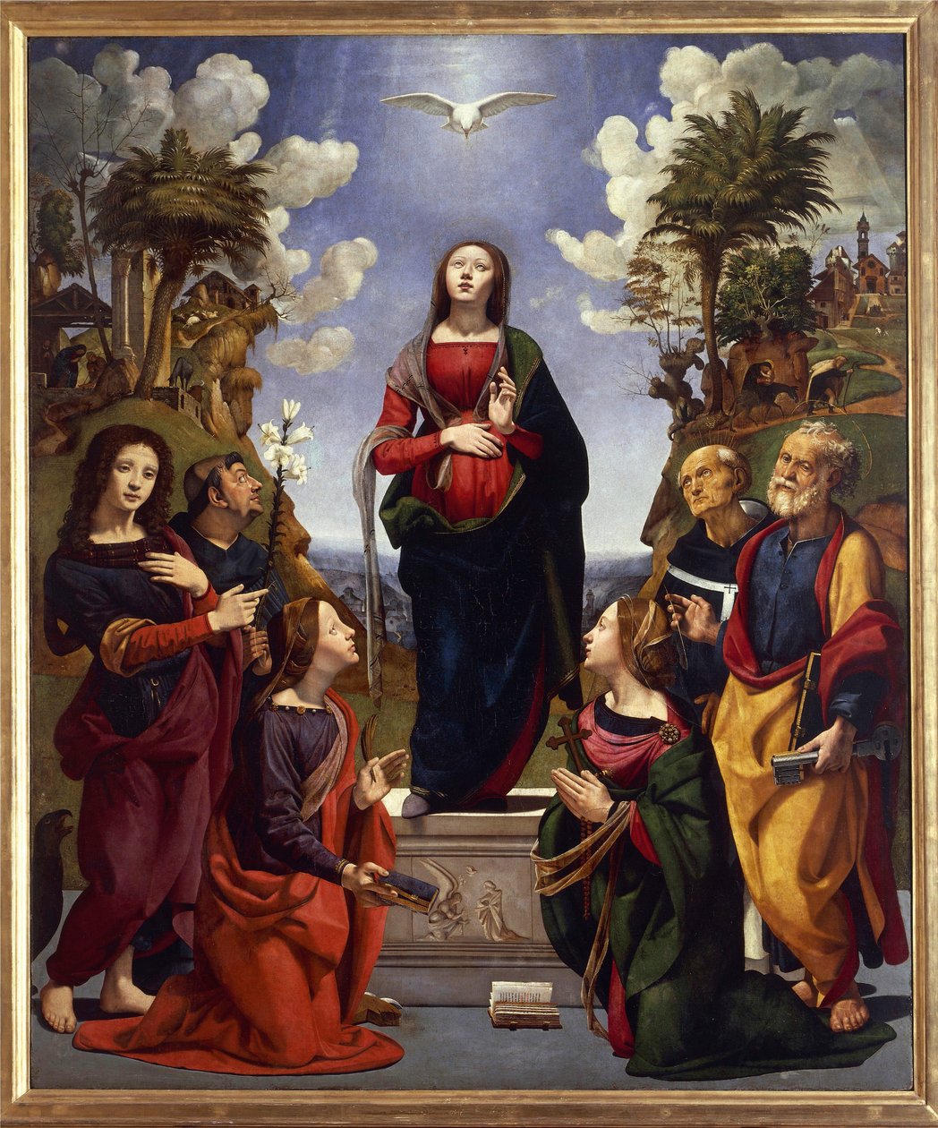 Tahraton sikiäminen pyhien ympäröimänä, n. 1500-05 (tempera grassa puun päällä) tekijältä Piero di Cosimo