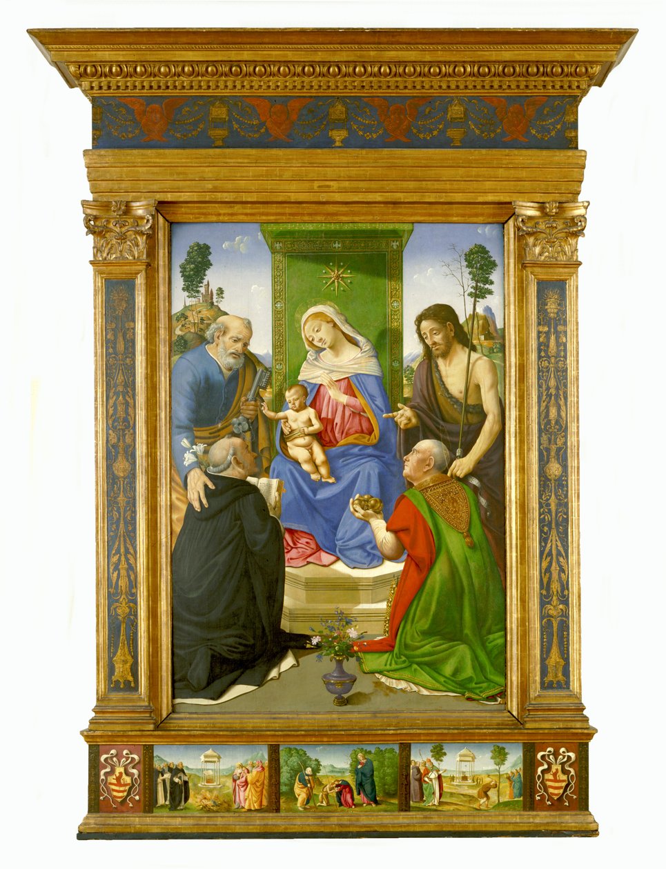 Madonna ja lapsi sekä pyhimykset Pietari, Johannes Kastaja, Dominikaanus ja Nikolai Barilainen, noin 1481-85 (tempera ja öljy paneelille). tekijältä Piero di Cosimo