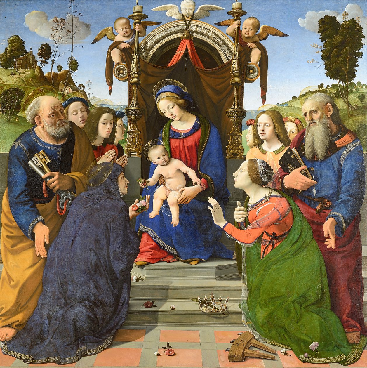 Madonna ja lapsi sekä pyhimykset Pietari, Johannes evankelista, Elisabet Unkarin (), Katariina Aleksandrialainen ja enkelit. tekijältä Piero di Cosimo