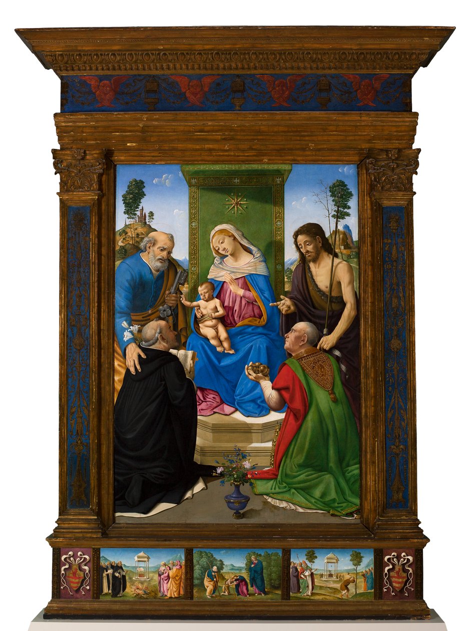 Valtaistuimella istuva Madonna ja lapsi sekä pyhät Pietari, Johannes Kastaja, Dominicus ja Nikolaus Barilainen tekijältä Piero di Cosimo
