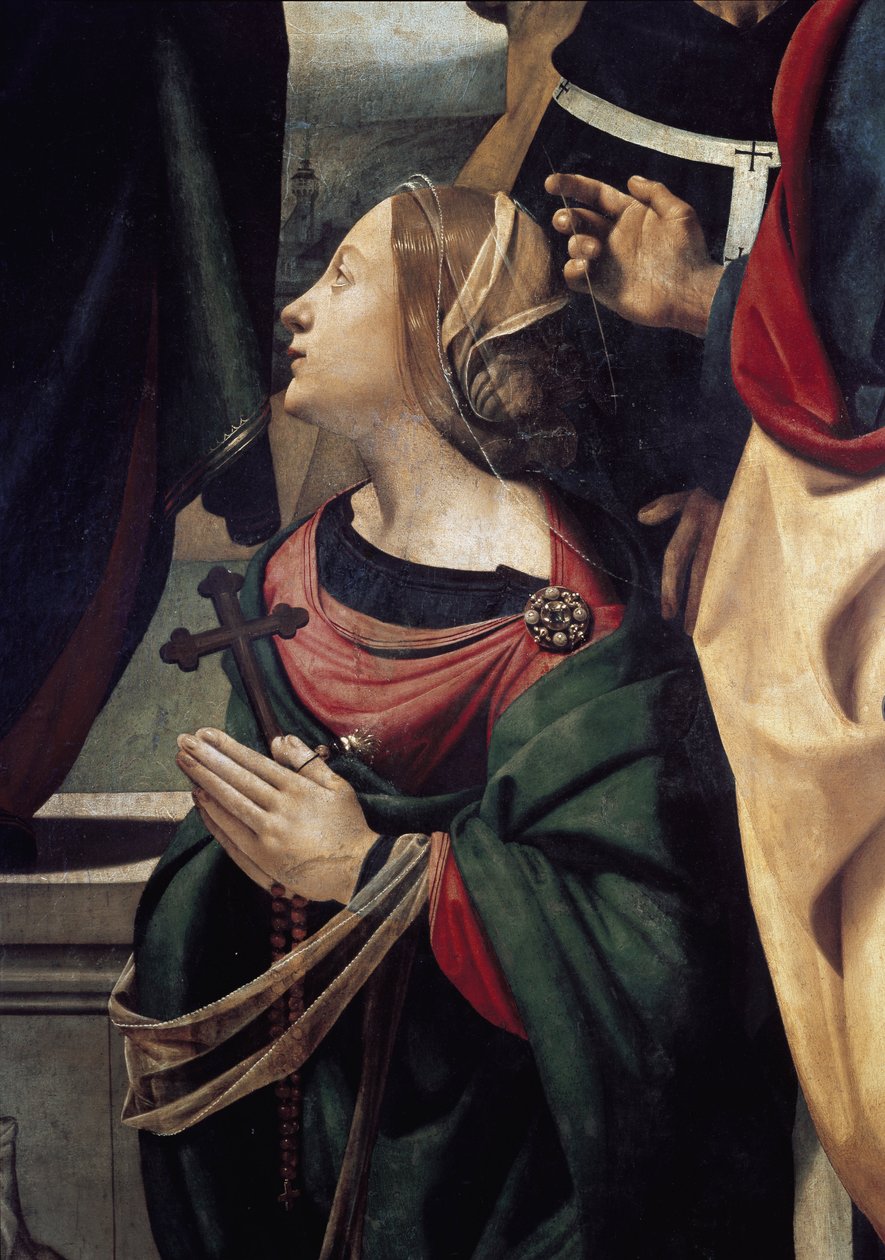 Pyhä Margarita Antiokialainen, yksityiskohta Immaculeen sikiämisestä kuuden pyhän ympäröimänä. (Öljy kankaalle, n. 1505) tekijältä Piero di Cosimo