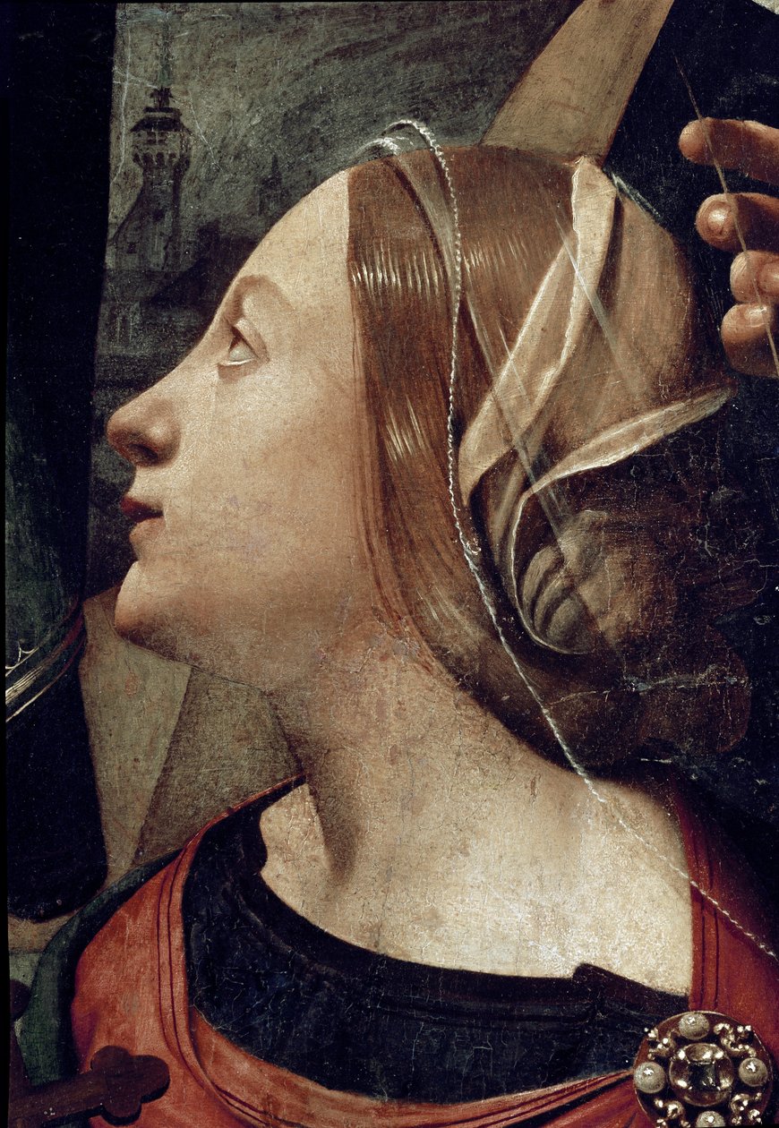 Pyhä Margarita Antiokialainen, yksityiskohta Immaculeen sikiämisestä kuuden pyhän ympäröimänä. (Öljy kankaalle, n. 1505) tekijältä Piero di Cosimo
