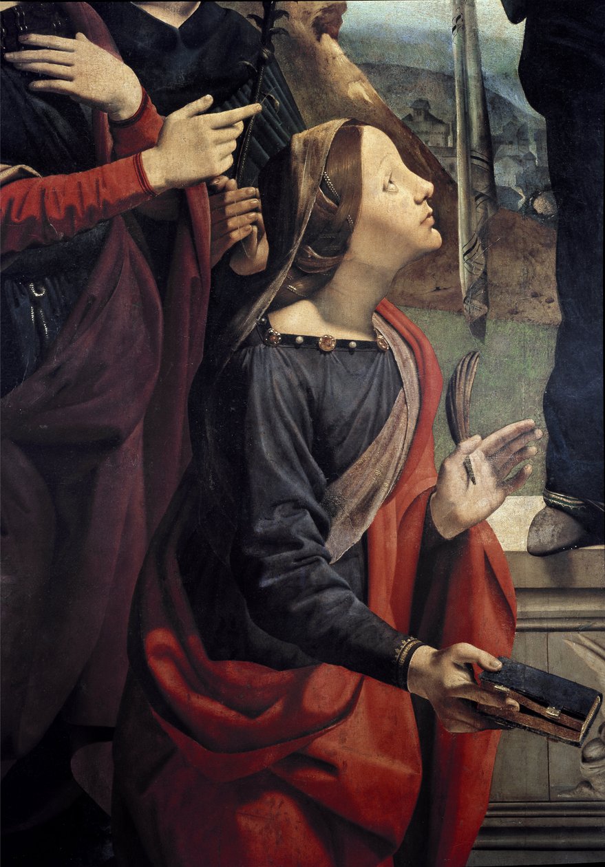 Pyhä Katariina Aleksandrialainen, yksityiskohta Immaculeen sikiämisestä kuuden pyhän ympäröimänä. (Öljy kankaalle, n. 1505) tekijältä Piero di Cosimo