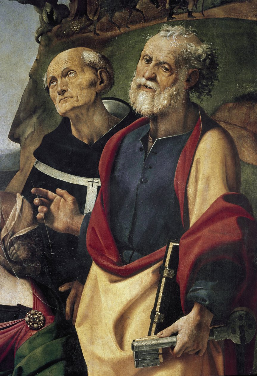 Pyhä Pietari ja Pyhä Philip Benizi, yksityiskohta Neitsyt ja lapsi valtaistuimella pyhien ympäröimänä (öljy ja tempera taulussa, noin 1493) tekijältä Piero di Cosimo