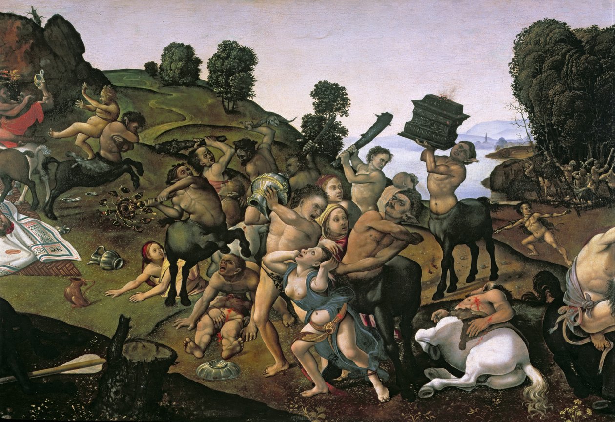Taistelu lapiittien ja kentaurien välillä, (yksityiskohta lapihien kimppuun hyökkäävistä kentaureista) n. 1490-luku, (öljy puulle) tekijältä Piero di Cosimo