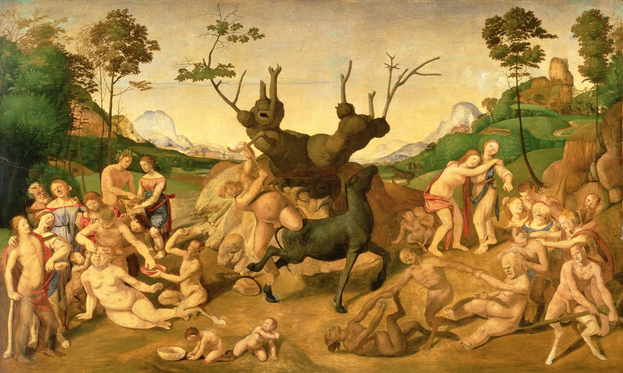 Silenuksen onnettomuudet, n. 1500 (öljy paneelille) tekijältä Piero di Cosimo