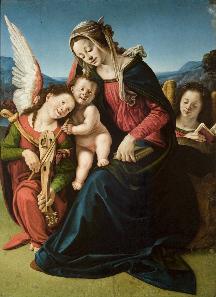 Neitsyt ja lapsi kahden enkelin kanssa, n. 1507 (öljy puulle) tekijältä Piero di Cosimo
