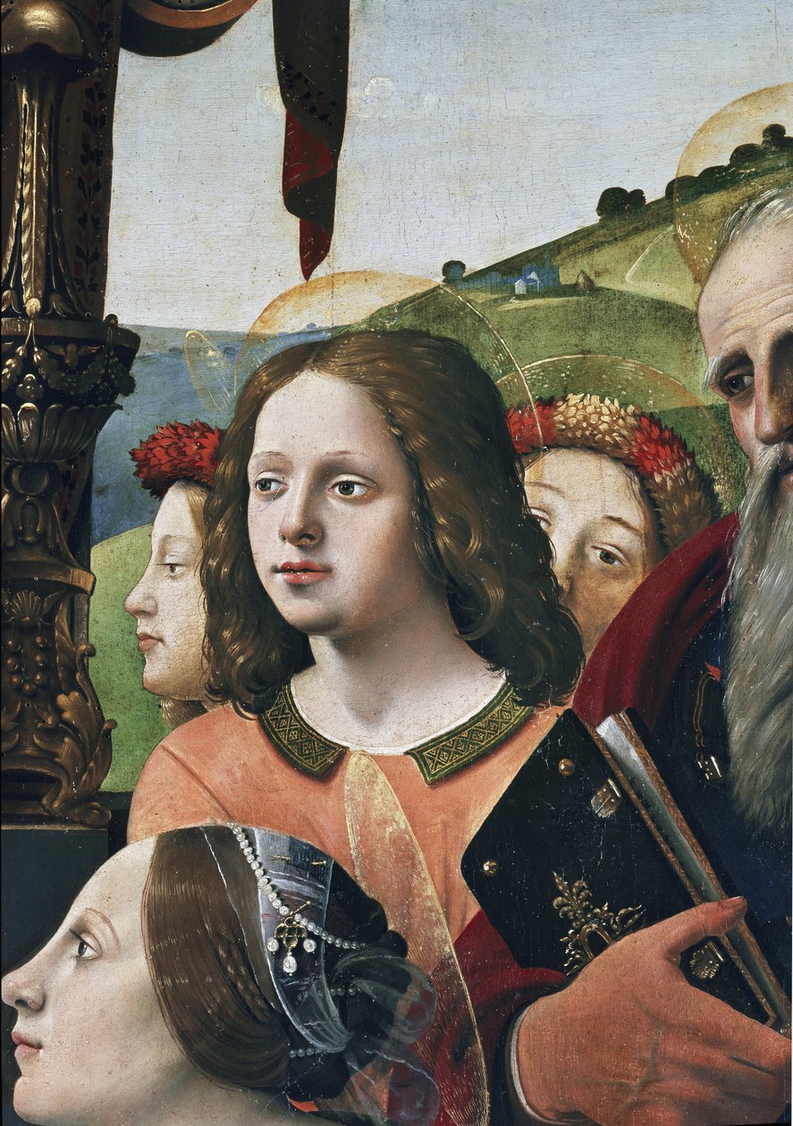 Neitsyt ja lapsi valtaistuimella pyhien ympäröimänä, yksityiskohdat (öljy ja tempera taulussa, noin 1493) tekijältä Piero di Cosimo