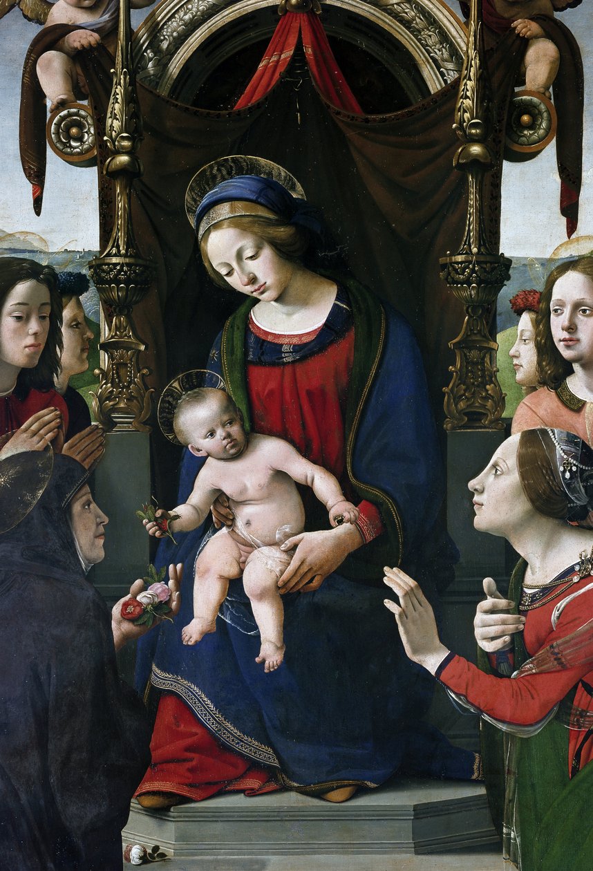 Neitsyt ja lapsi valtaistuimella pyhien ympäröimänä, yksityiskohdat (öljy ja tempera taulussa, noin 1493) tekijältä Piero di Cosimo