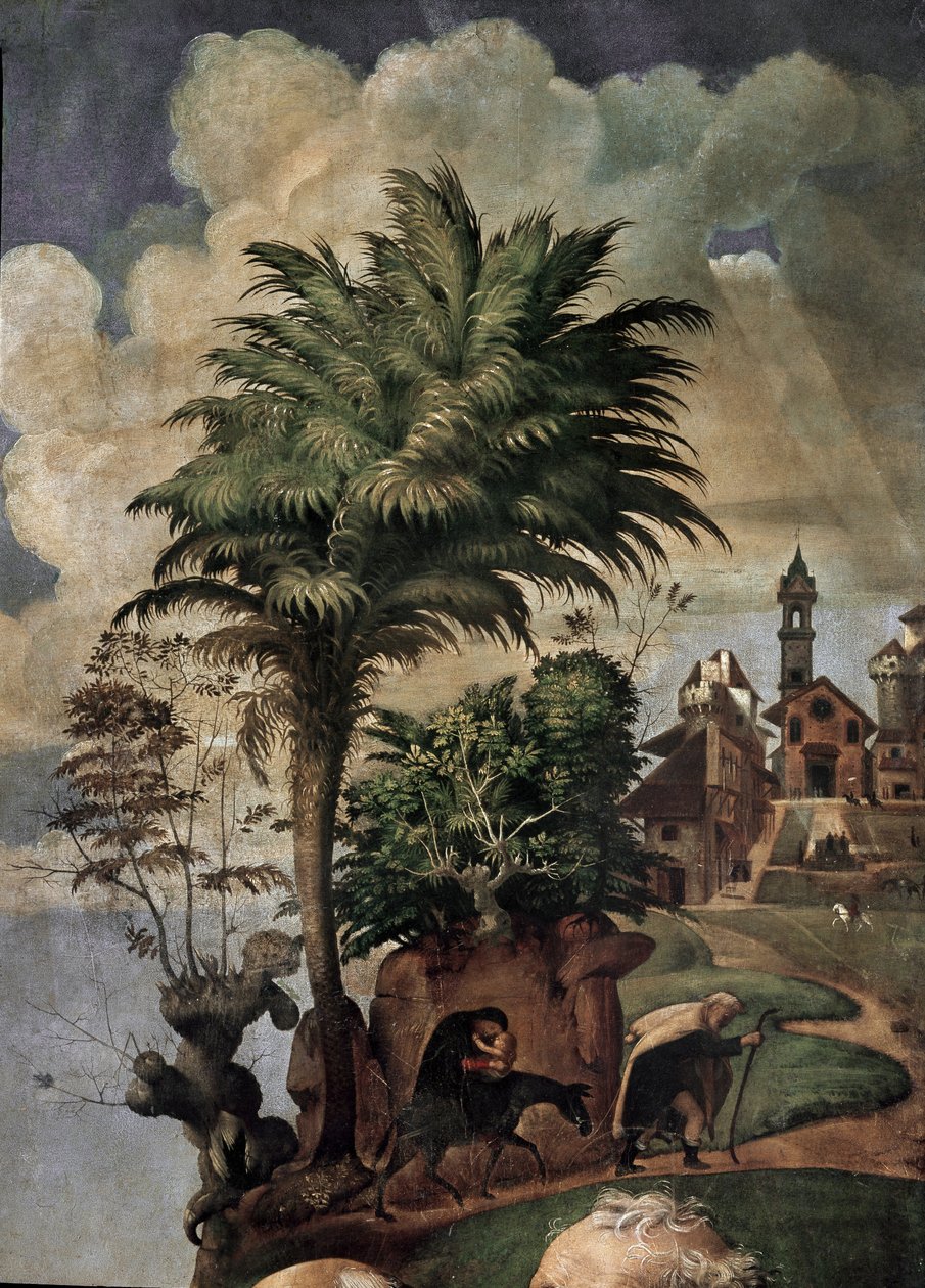 Neitsyt ja lapsi valtaistuimella pyhien ympäröimänä, yksityiskohdat (öljy ja tempera taulussa, noin 1493) tekijältä Piero di Cosimo