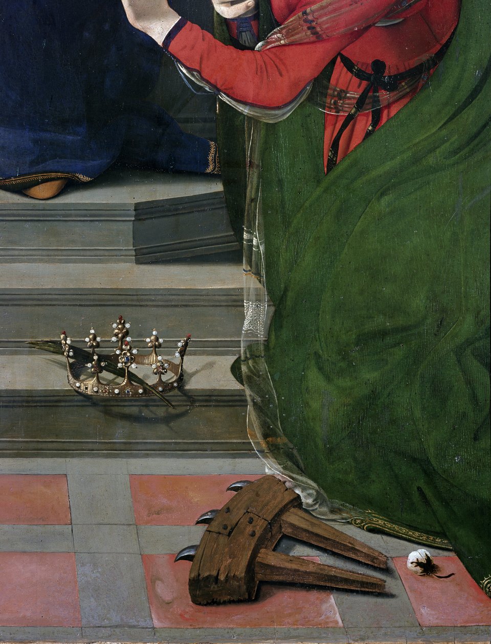 Neitsyt ja lapsi valtaistuimella pyhien ympäröimänä, yksityiskohdat (öljy ja tempera taulussa, noin 1493) tekijältä Piero di Cosimo