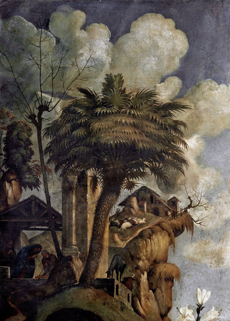 Neitsyt ja lapsi valtaistuimella pyhien ympäröimänä, yksityiskohdat (öljy ja tempera taulussa, noin 1493) tekijältä Piero di Cosimo