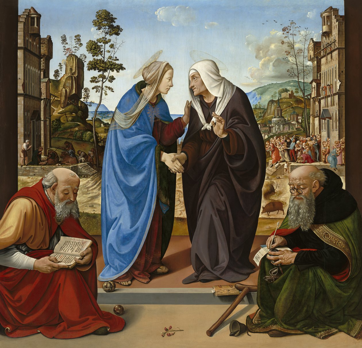 Vierailu Pyhän Nikolauksen ja St. Anthony Abbotin kanssa, n. 1490 (öljy paneelille) tekijältä Piero di Cosimo