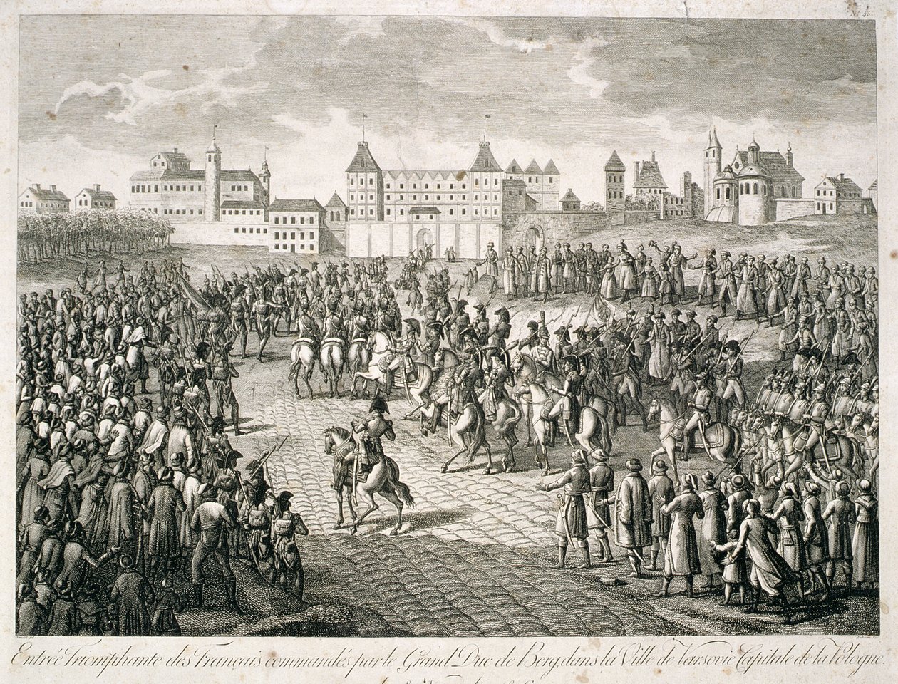 Ranskalaisten voittoisa hyökkäys Varsovaan vuonna 1806 suurherttua Bergin komennossa, 1810. tekijältä Pierre Adrien Le Beau