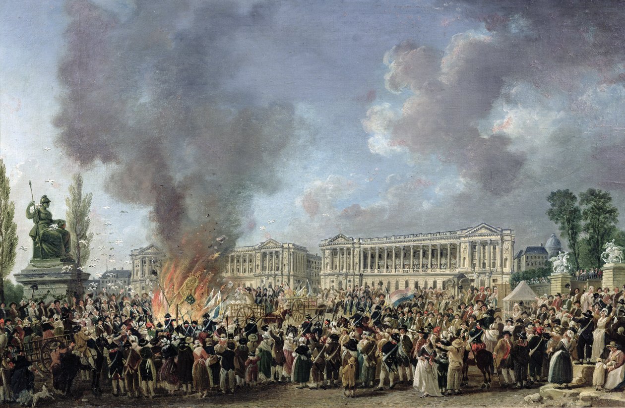 Yhtenäisyyden juhla, Monarkian tunnusten tuhoaminen, Place de la Concorde, 10. elokuuta 1793 tekijältä Pierre Antoine Demachy