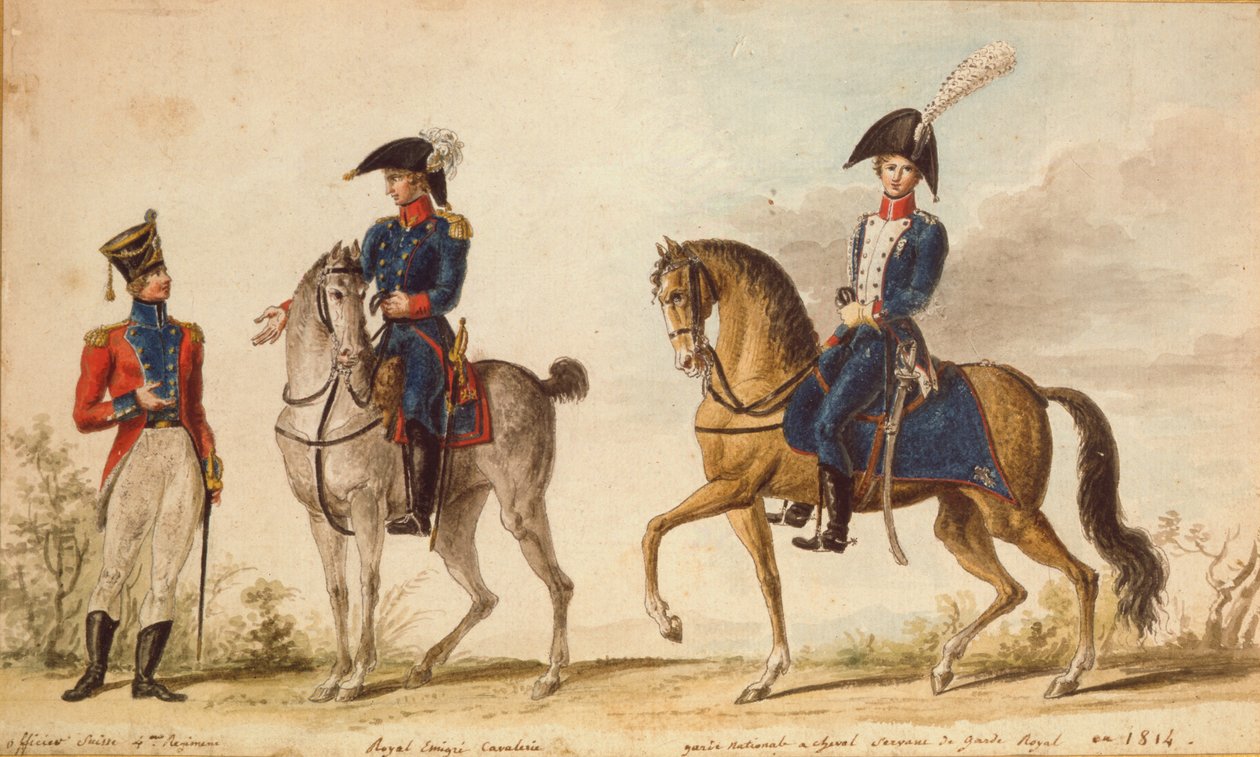 4. rykmentin sveitsiläinen upseeri, kuninkaallisen emigreen ratsuväen ratsumies ja ratsastettu kansalliskaarti, 1814 (guassi) tekijältä Pierre Antoine Lesueur