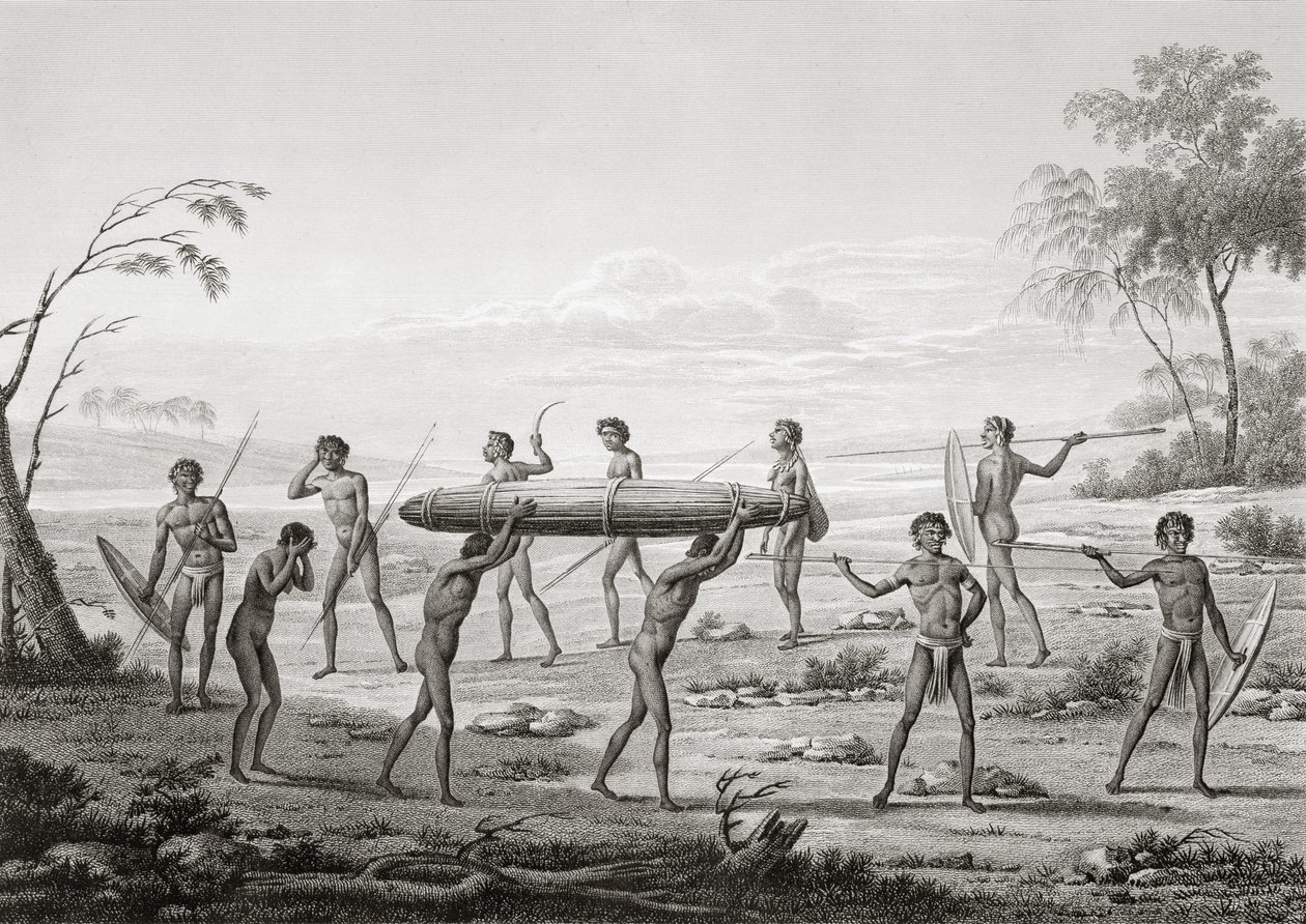 Port Jackson, New Holland: Aboriginaalien hautausseremonia, "Voyage Autour du Monde (1817-20)", Louis Claude Desaulses de Freycinet (1779-1842), kaiverrus Lerouge ja Villerey, julkaistu 1822-24 ( tekijältä Pierre Antoine Marchais