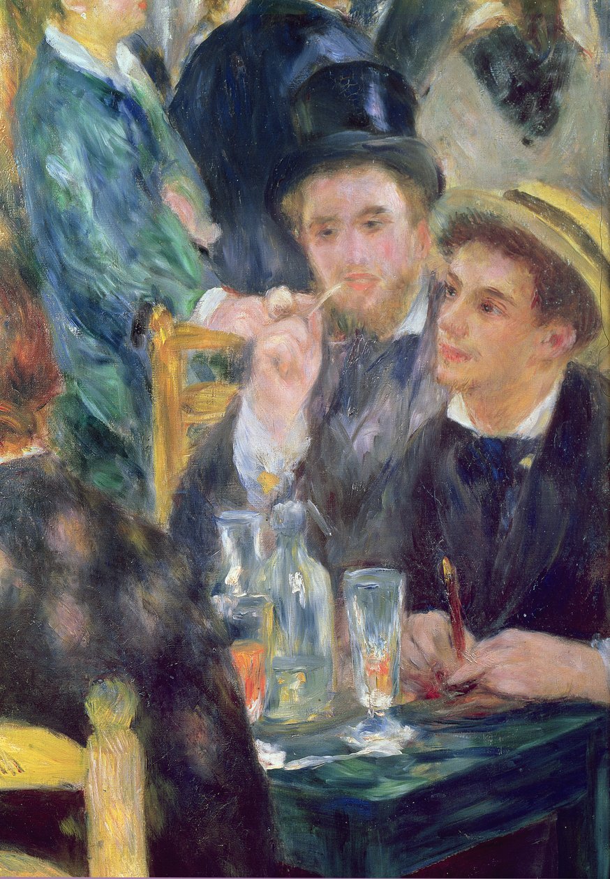 Juhla Moulin de la Galettessa, yksityiskohta kahdesta istuvasta miehestä, 1876 öljy kankaalle tekijältä Pierre Auguste Renoir