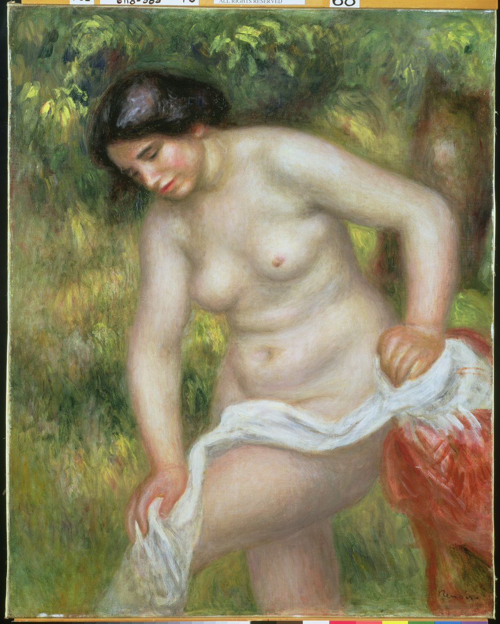 Kylpylä kuivaa itsensä valkoisella liinalla tekijältä Pierre Auguste Renoir