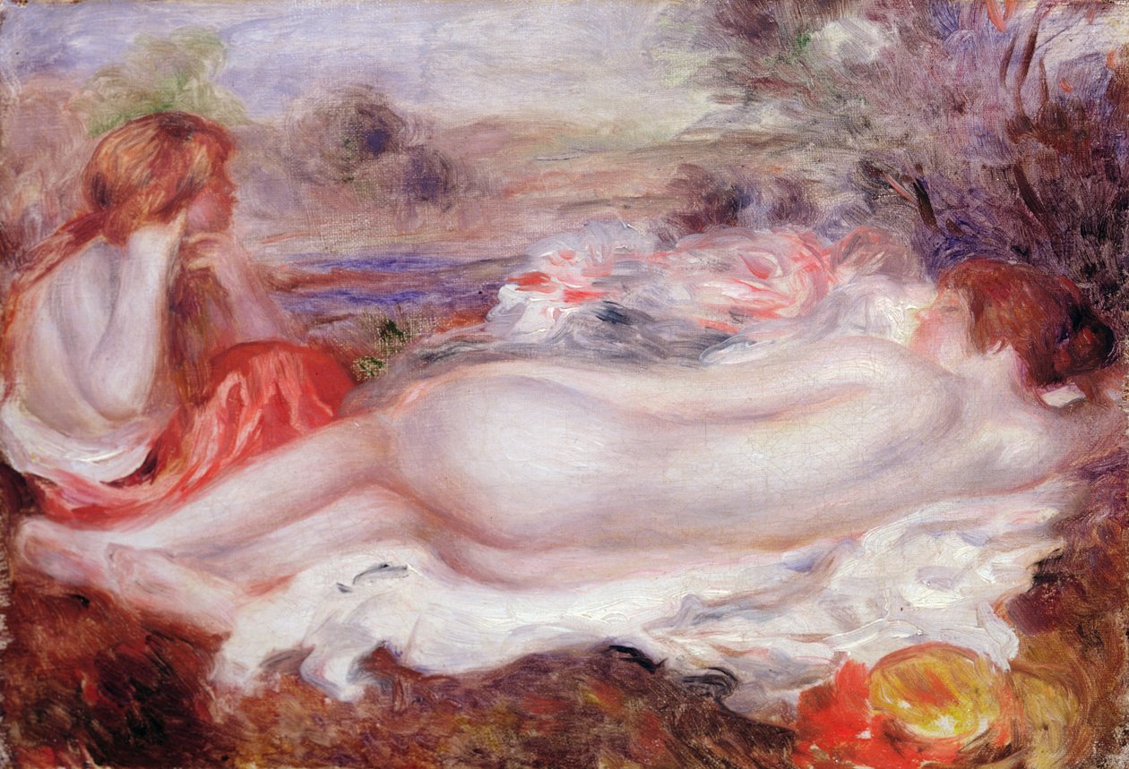 Si Bather ay nakahiga at isang batang babae na nag-aayos ng kanyang buhok, 1896finn tekijältä Pierre Auguste Renoir
