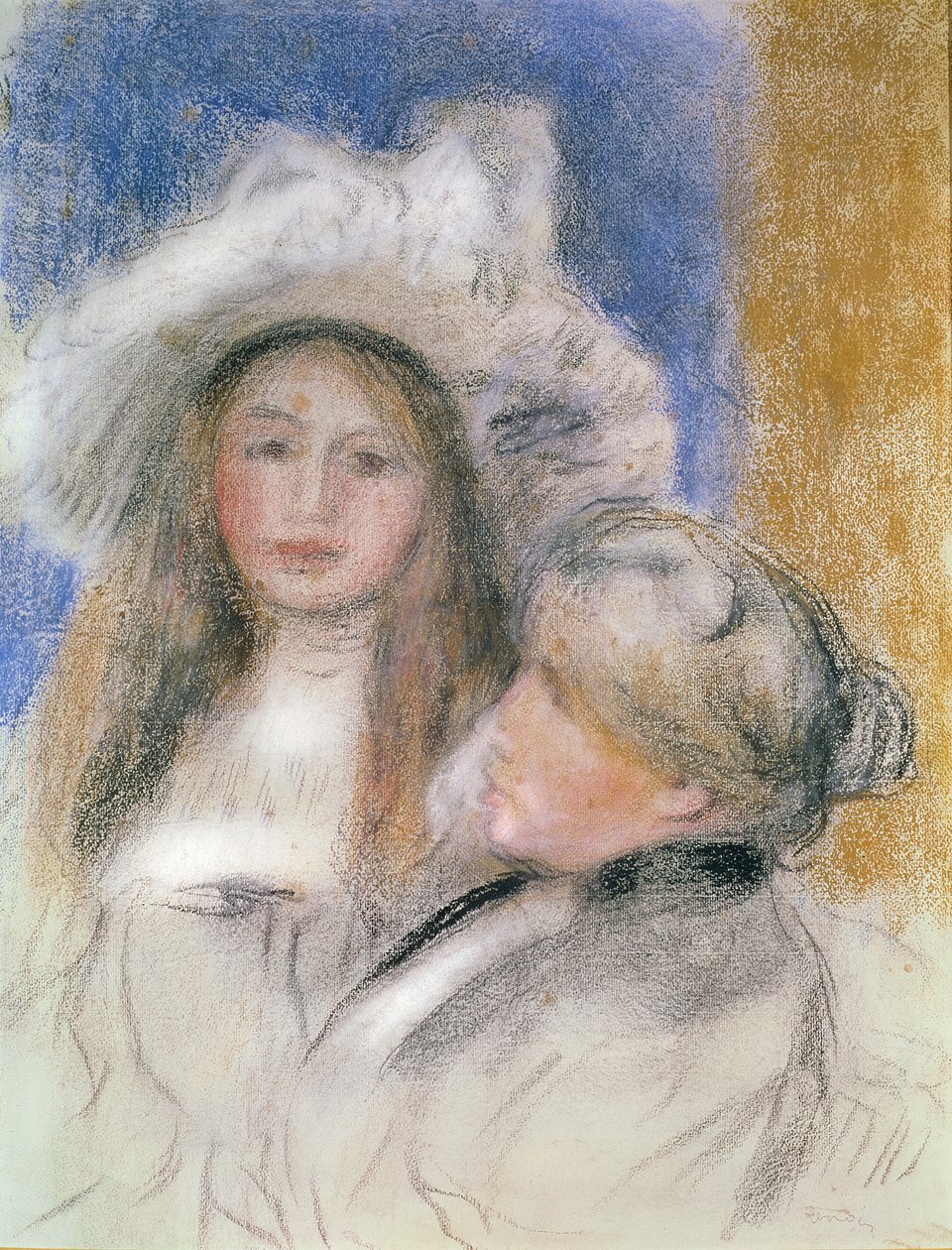 Berthe Morisot (1841-95) ja hänen tyttärensä Julie Manet (1878-1966) (pastelli paperille) tekijältä Pierre Auguste Renoir
