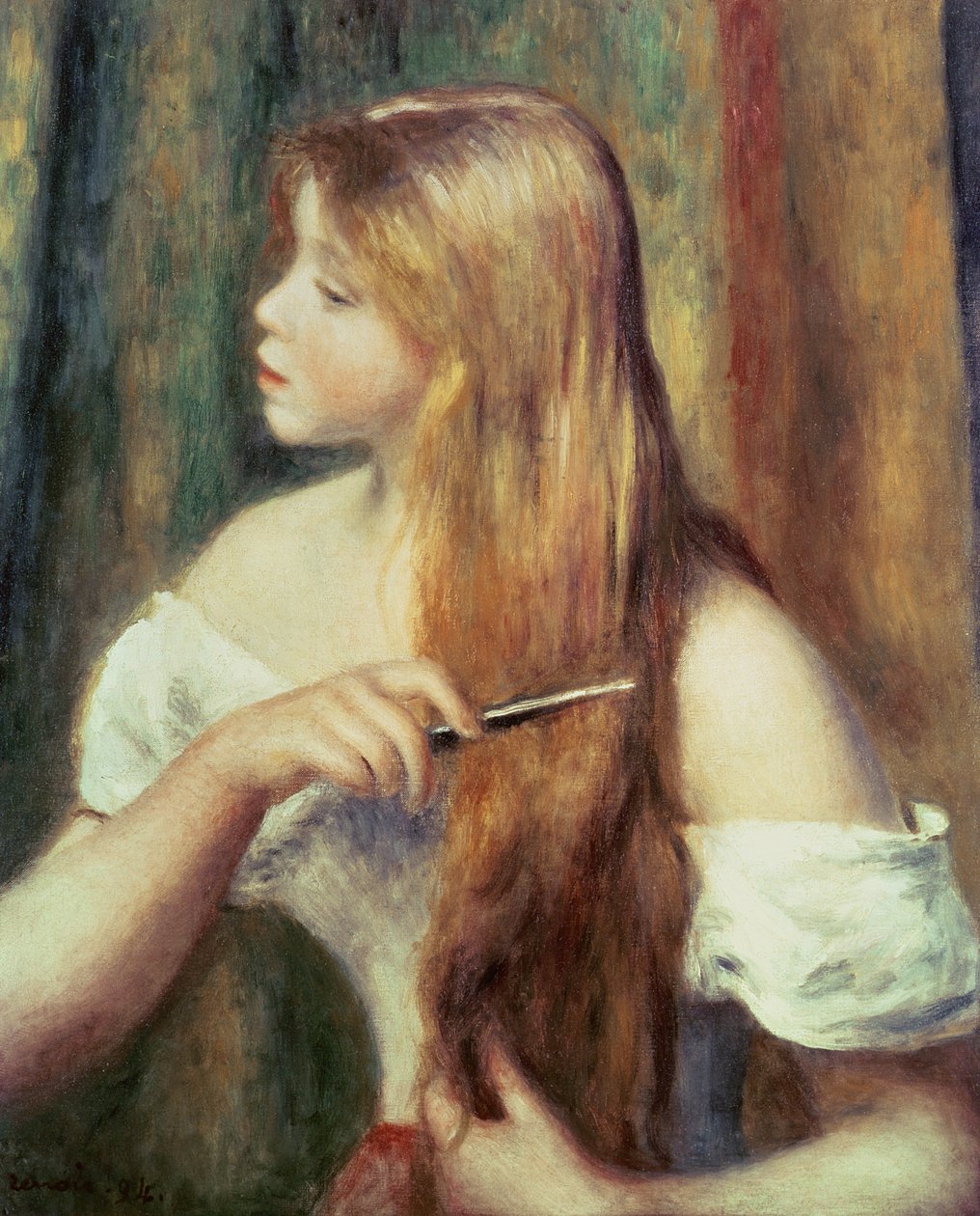 Vaalea tyttö kampaa hiuksiaan, 1894 tekijältä Pierre Auguste Renoir