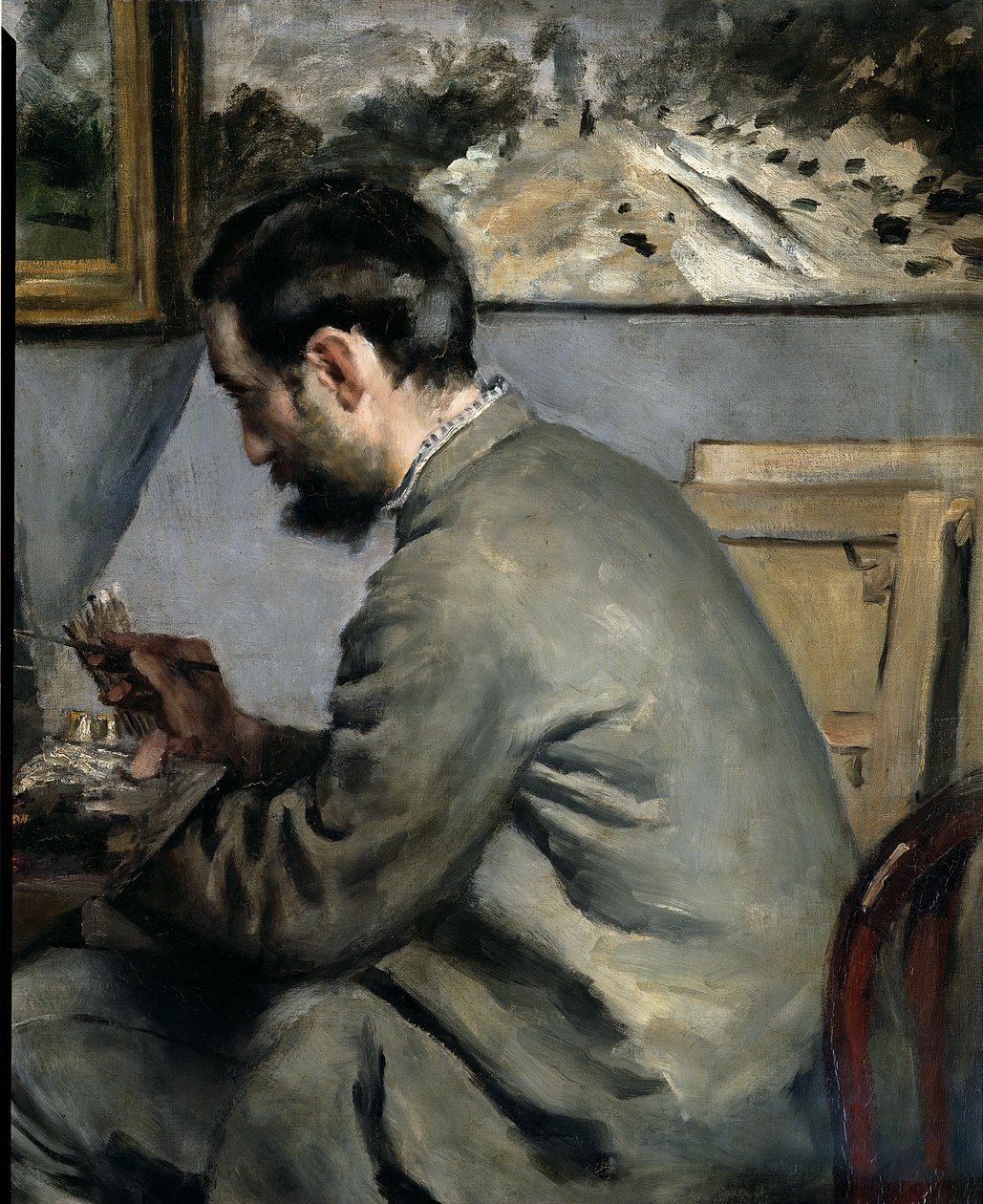 Frederick Bazille maalaustelineessaan, 1867 öljy kankaalle yksityiskohta numerosta 28936 tekijältä Pierre Auguste Renoir