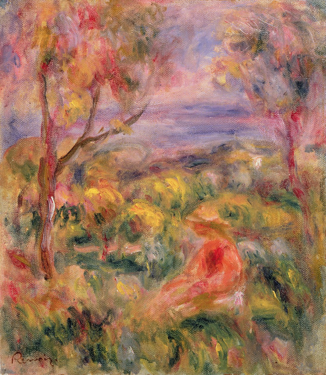 Tyttö ja kaksi puuta maisemassa, 1917 tekijältä Pierre Auguste Renoir