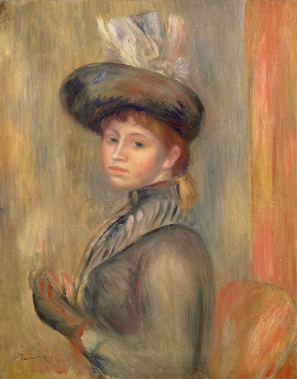 Tyttö harmaasinisissä, pukee käsineensä, n. 1889 tekijältä Pierre Auguste Renoir
