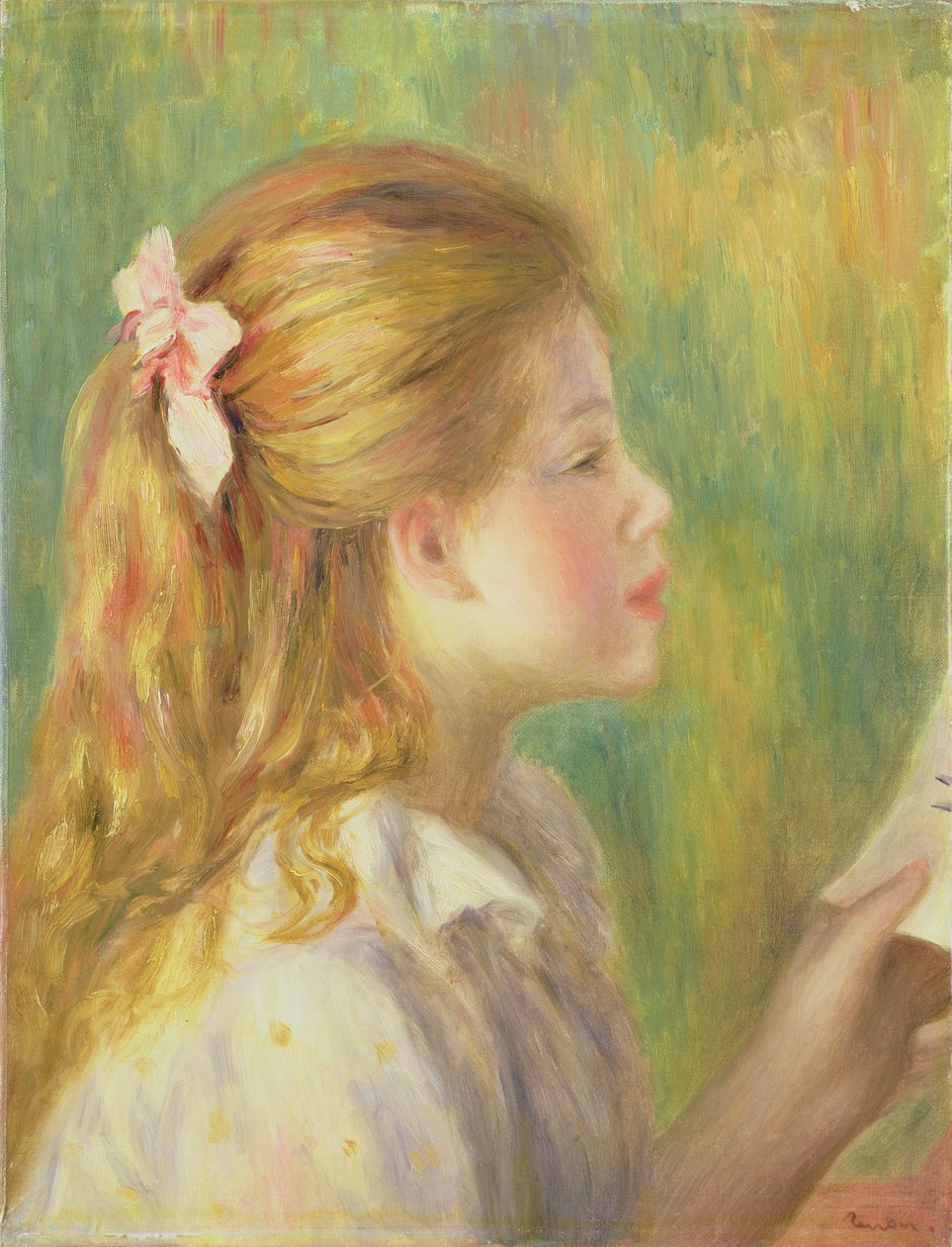 Tyttö lukemassa profiilia tekijältä Pierre Auguste Renoir