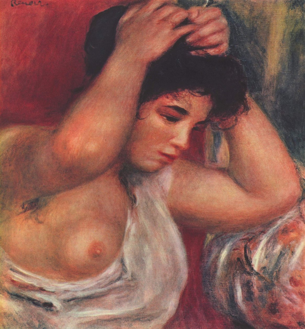Junge Frau beim Frisieren tekijältä Pierre Auguste Renoir