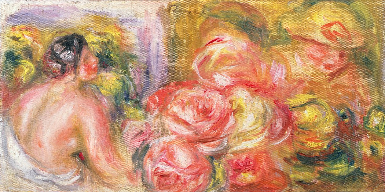 Alaston tyttö hattu ja ruusut, 1916 tekijältä Pierre Auguste Renoir