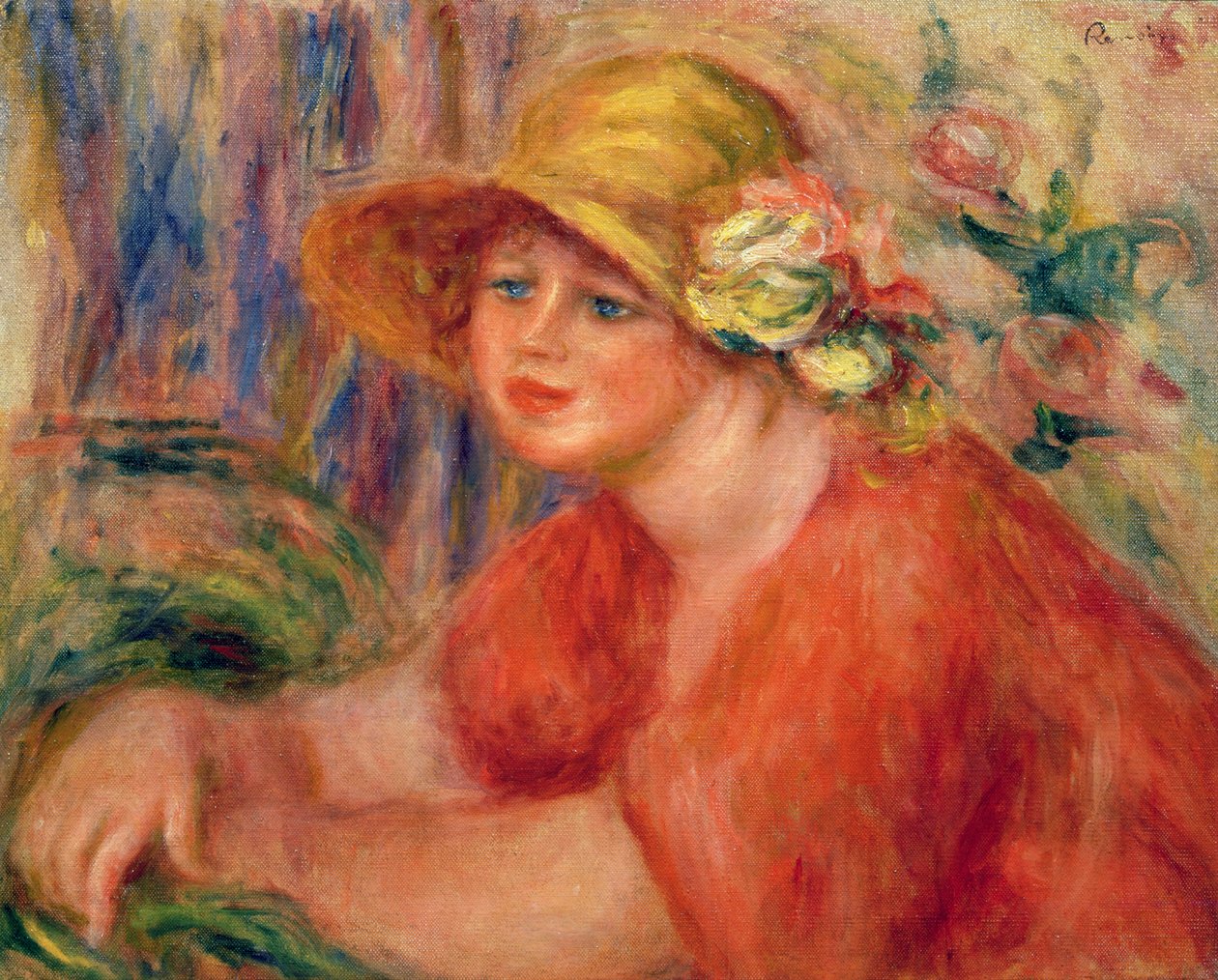 Muotokuva naisesta kukilla koristeltu hattu tekijältä Pierre Auguste Renoir