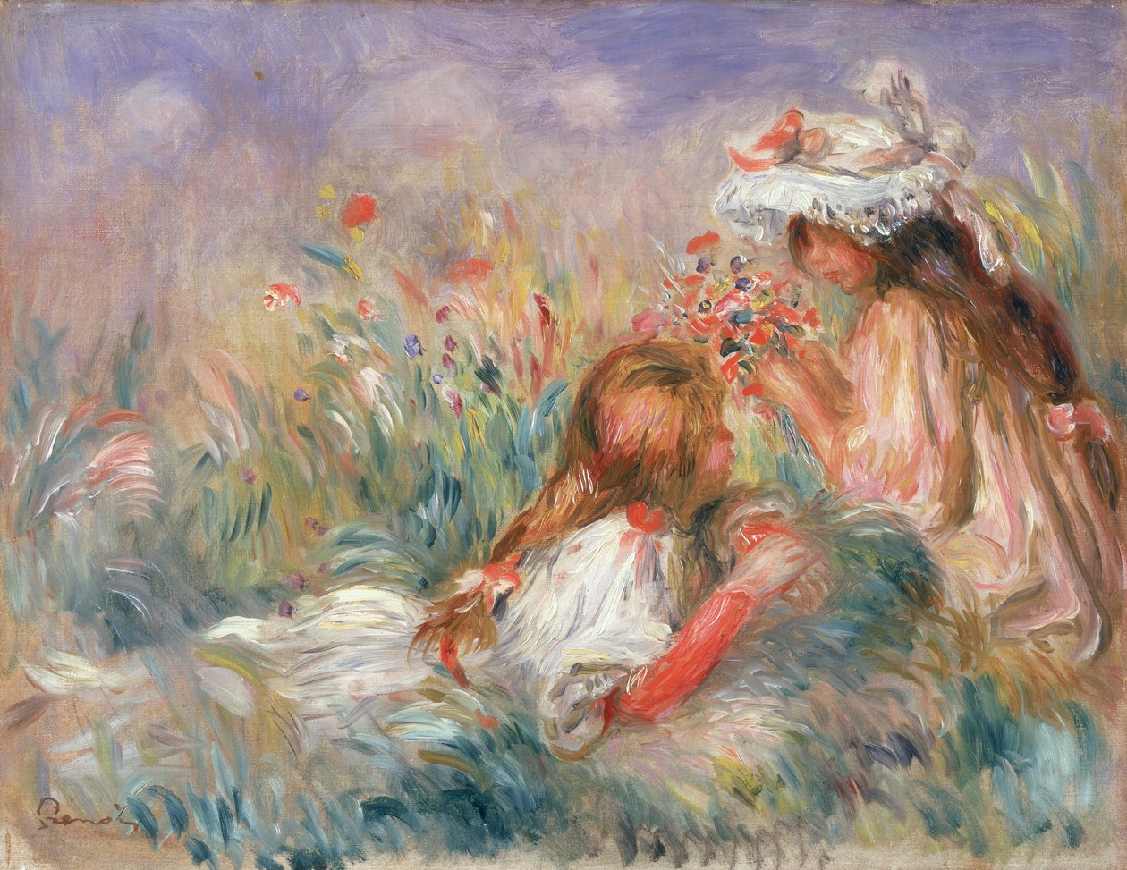 Kaksi lasta istumassa kukkien keskellä, 1900 tekijältä Pierre Auguste Renoir