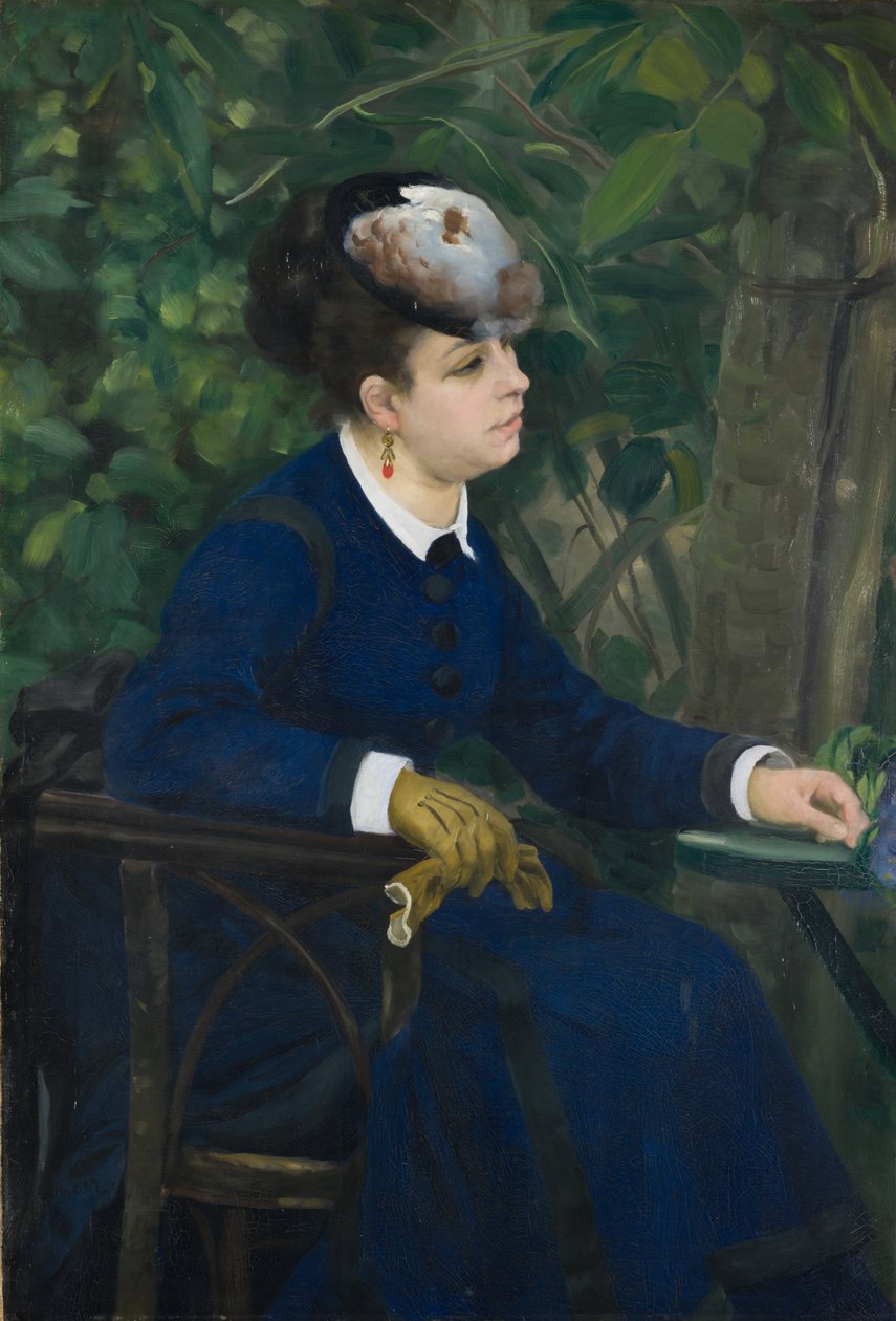 Nainen puutarhassa (nainen lokkihattu), 1868 tekijältä Pierre Auguste Renoir