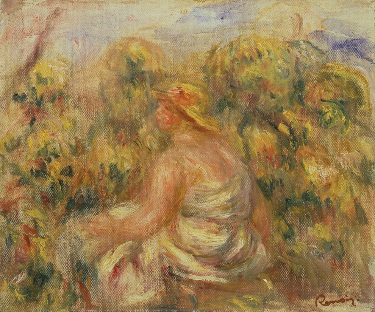 Nainen hattu maisemassa n.1918 tekijältä Pierre Auguste Renoir