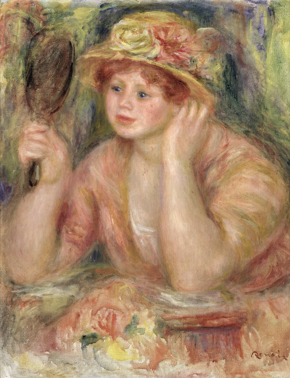 Nainen peilin kanssa, n. 1915 tekijältä Pierre Auguste Renoir