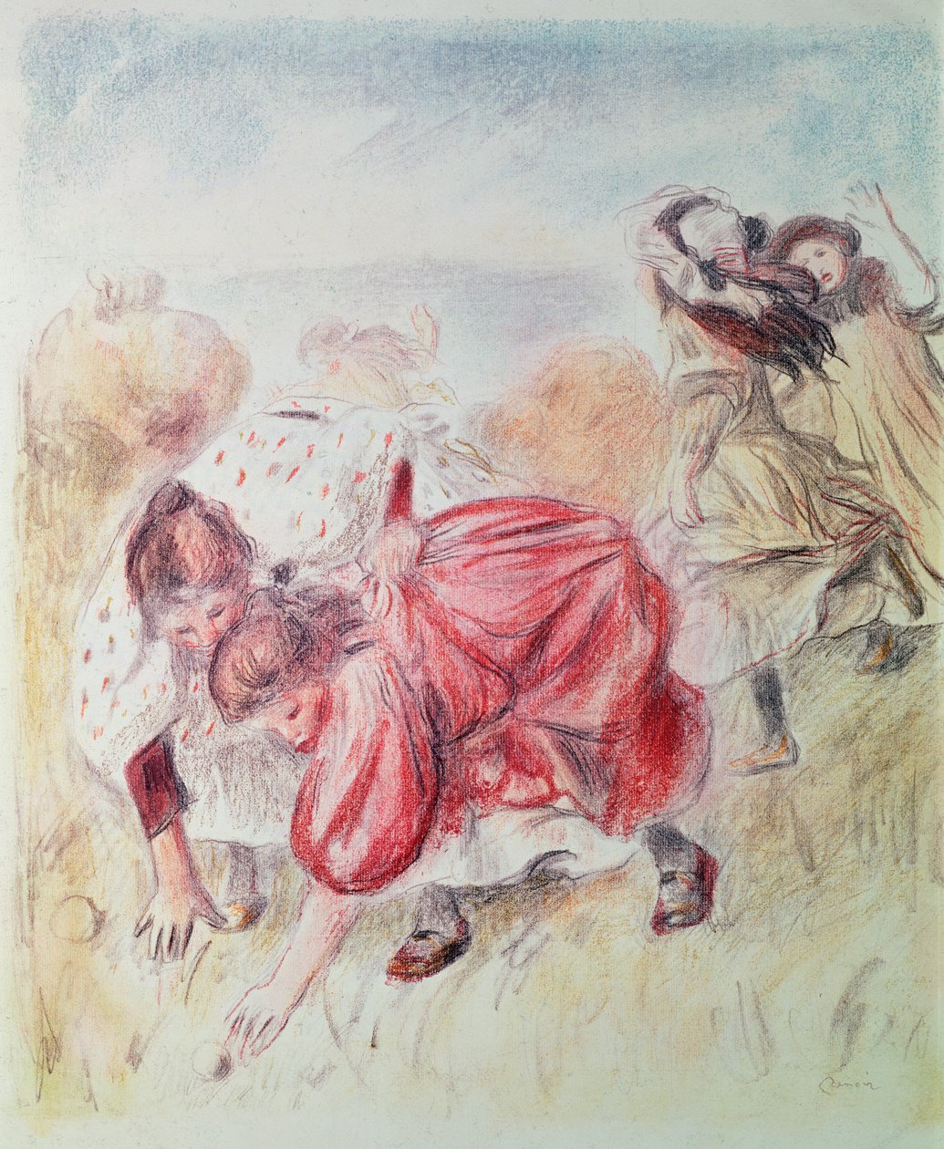 Nuoret tytöt leikkivät (värikynä) tekijältä Pierre Auguste Renoir