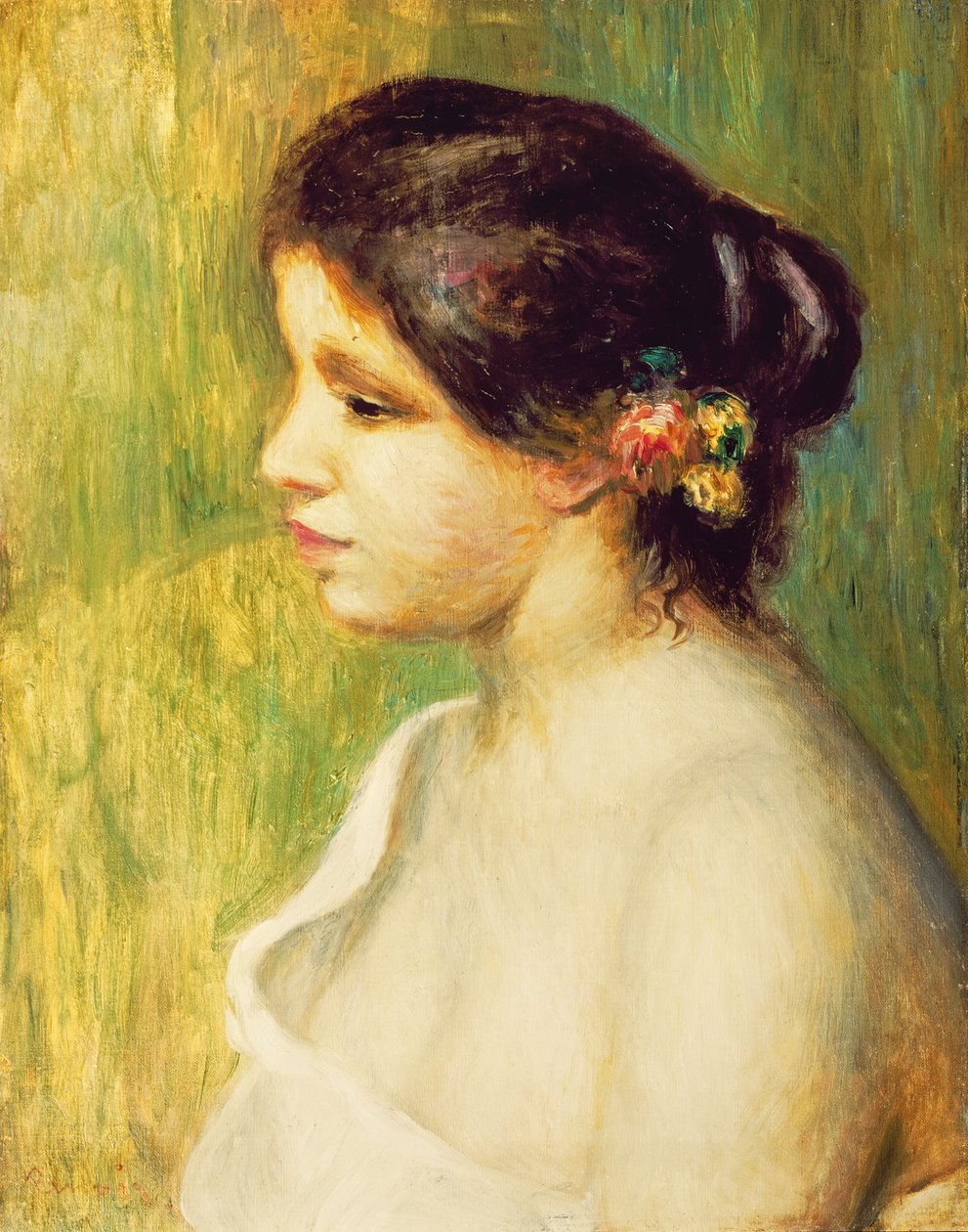 Nuori nainen kukkia korvassaan, 1898 tekijältä Pierre Auguste Renoir