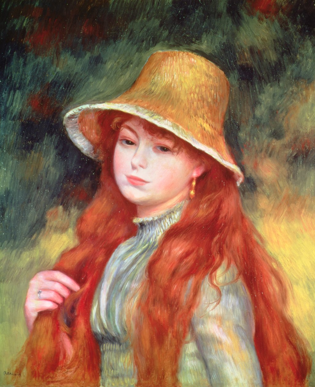 Nuori tyttö pitkät hiukset tai Nuori tyttö olkihattu, 1884 tekijältä Pierre Auguste Renoir