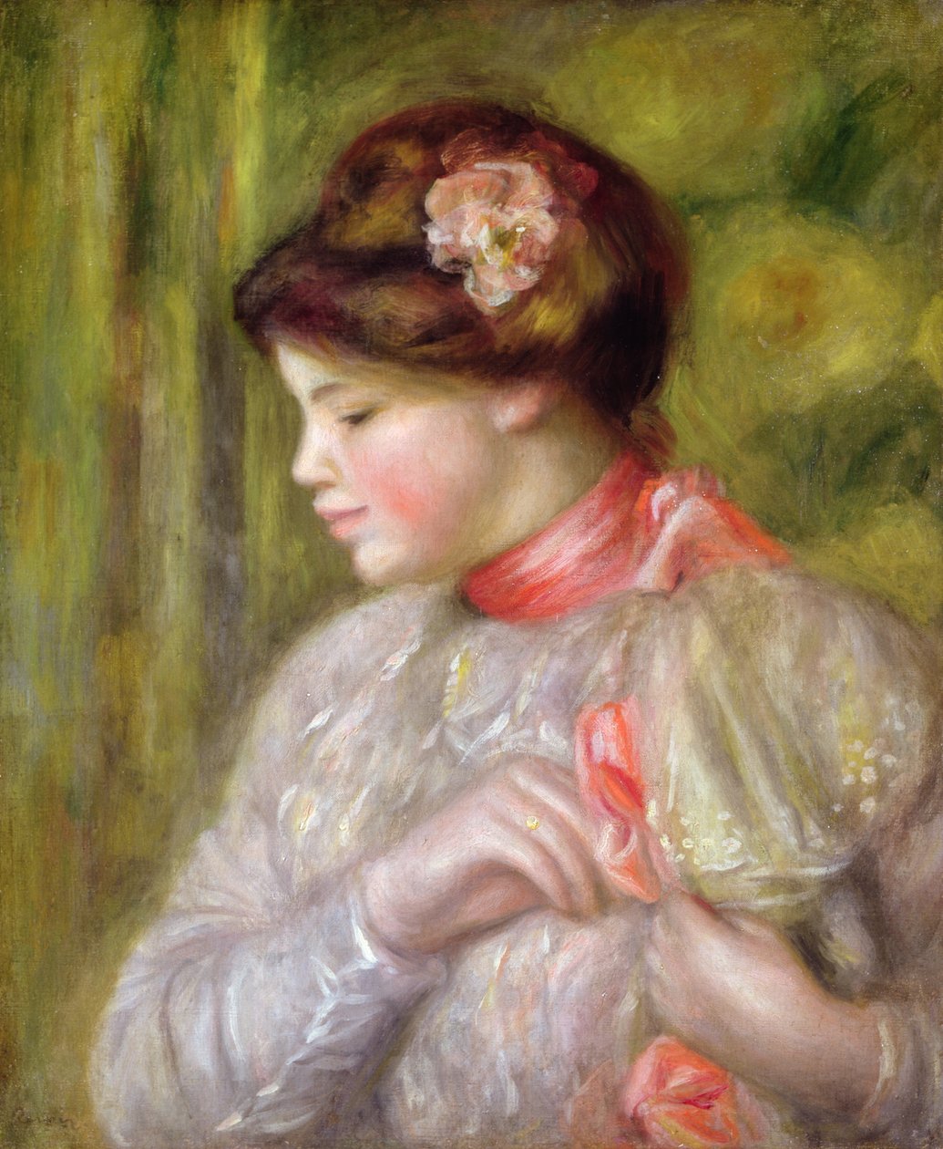 Nuori nainen säätelemässä puseroaan, 1900 tekijältä Pierre Auguste Renoir