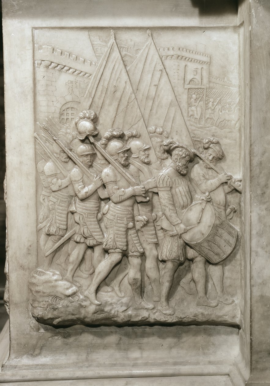 Francois I:n hauta 1494-1547 ja hänen vaimonsa Claude of France, yksityiskohta rumpalin johtamista sotilaista, tilattu 1548 marmorista tekijältä Pierre Bontemps