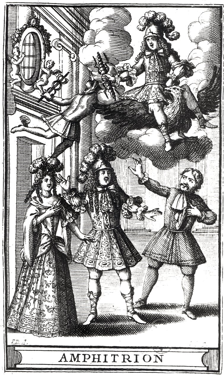 Jean Sauven (fl.1660-91) kaivertama Molieren (1622-73) Amphitryonin etukappale, joka julkaistiin Pariisissa vuonna 1668 tekijältä Pierre Brissart