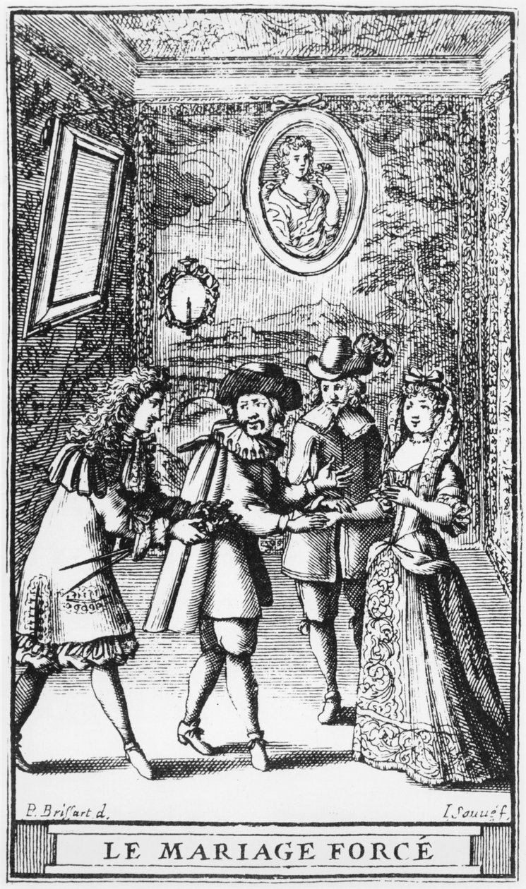Etukappaleen kuva Molieren teoksesta "Le Mariage force", kaiverrus Jean Sauve (fl.1660-91) n. 1664 tekijältä Pierre Brissart